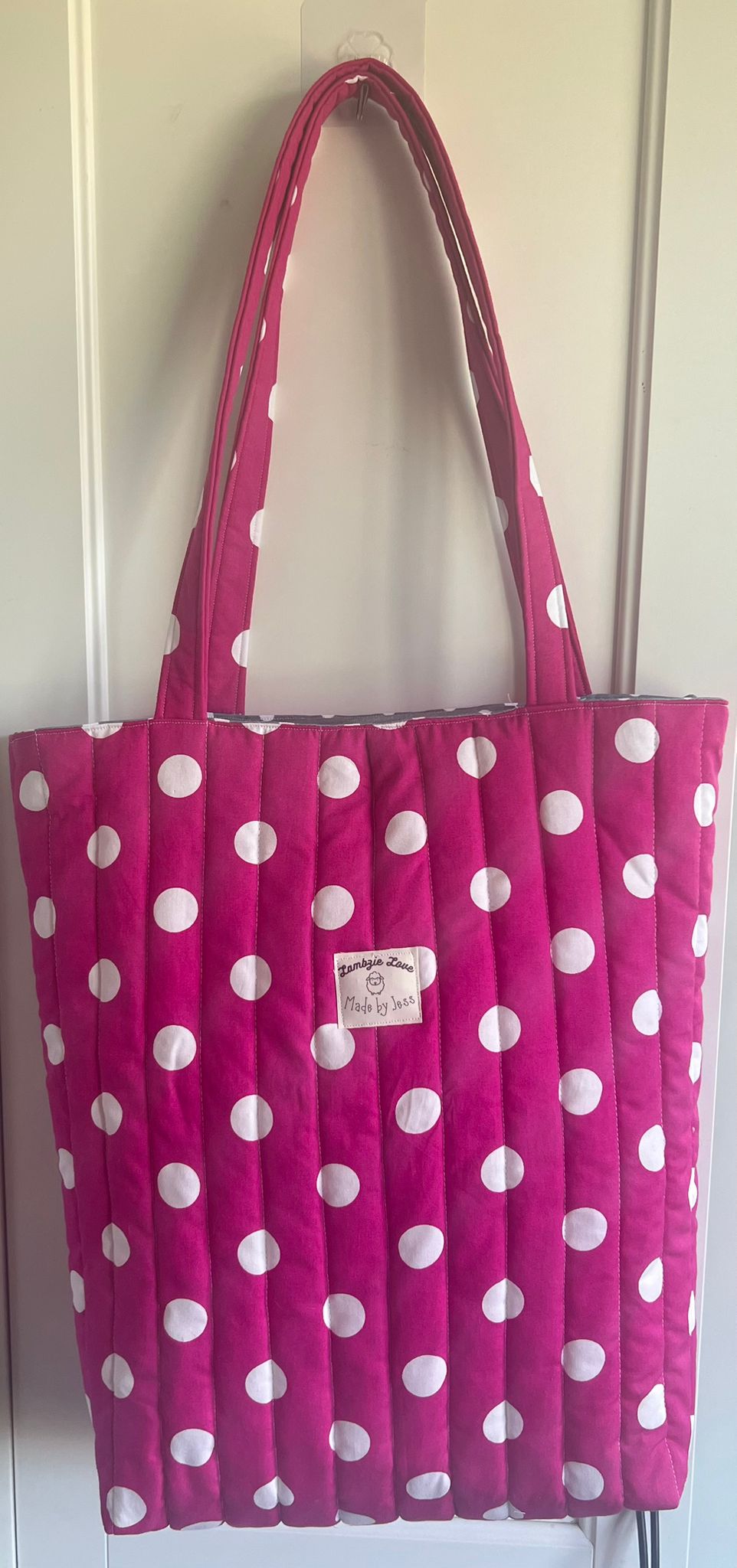 Handmade Tote bag cerise pink spot, grey spot lining