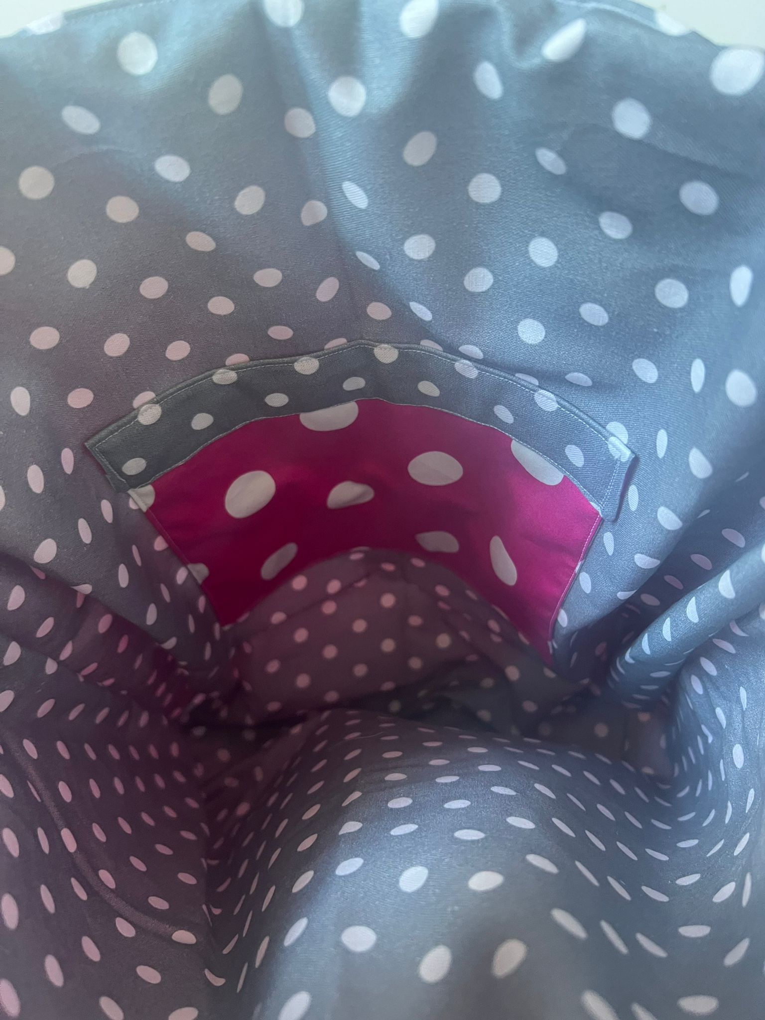 Handmade Tote bag cerise pink spot, grey spot lining