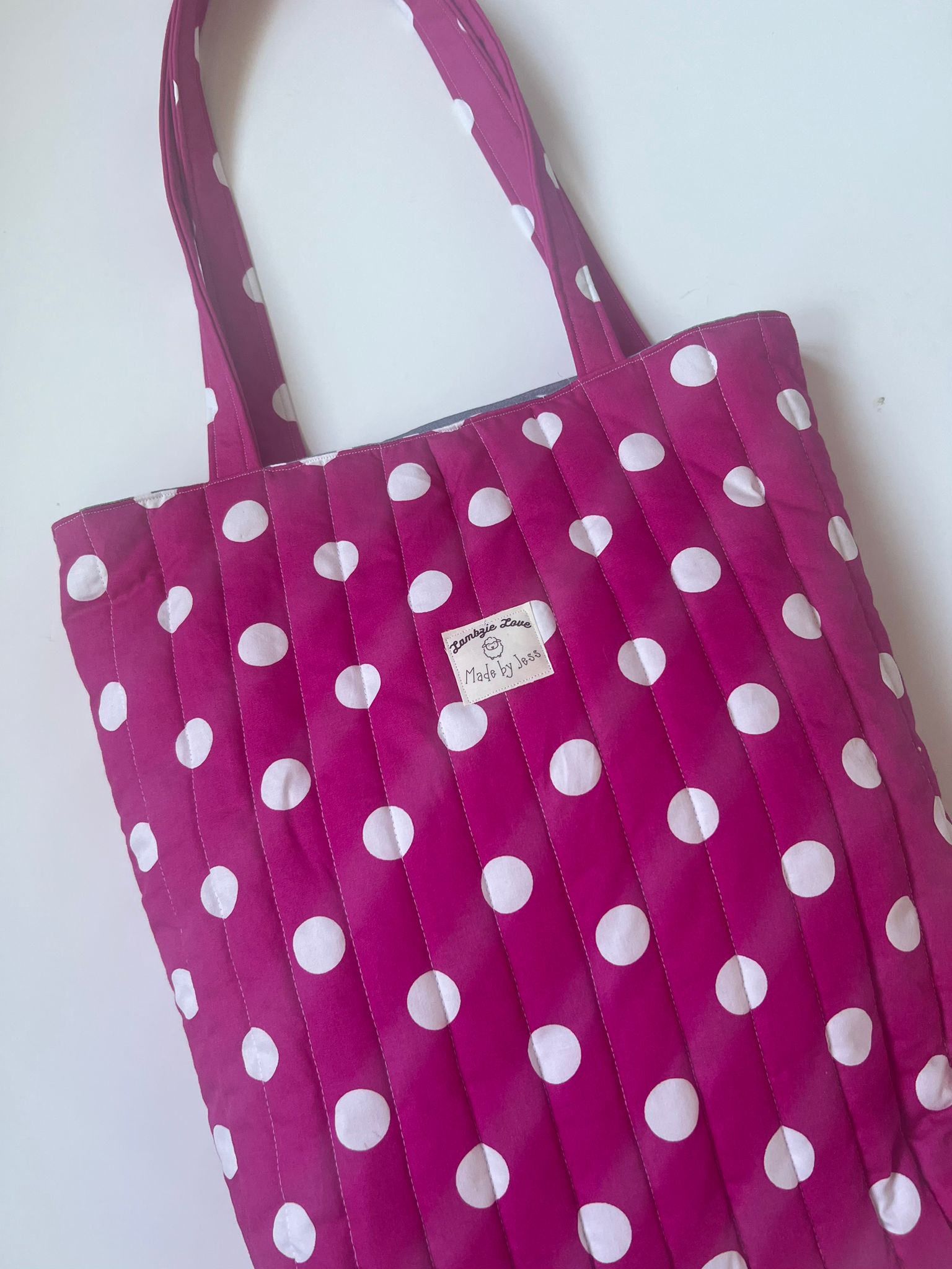 Handmade Tote bag cerise pink spot, grey spot lining