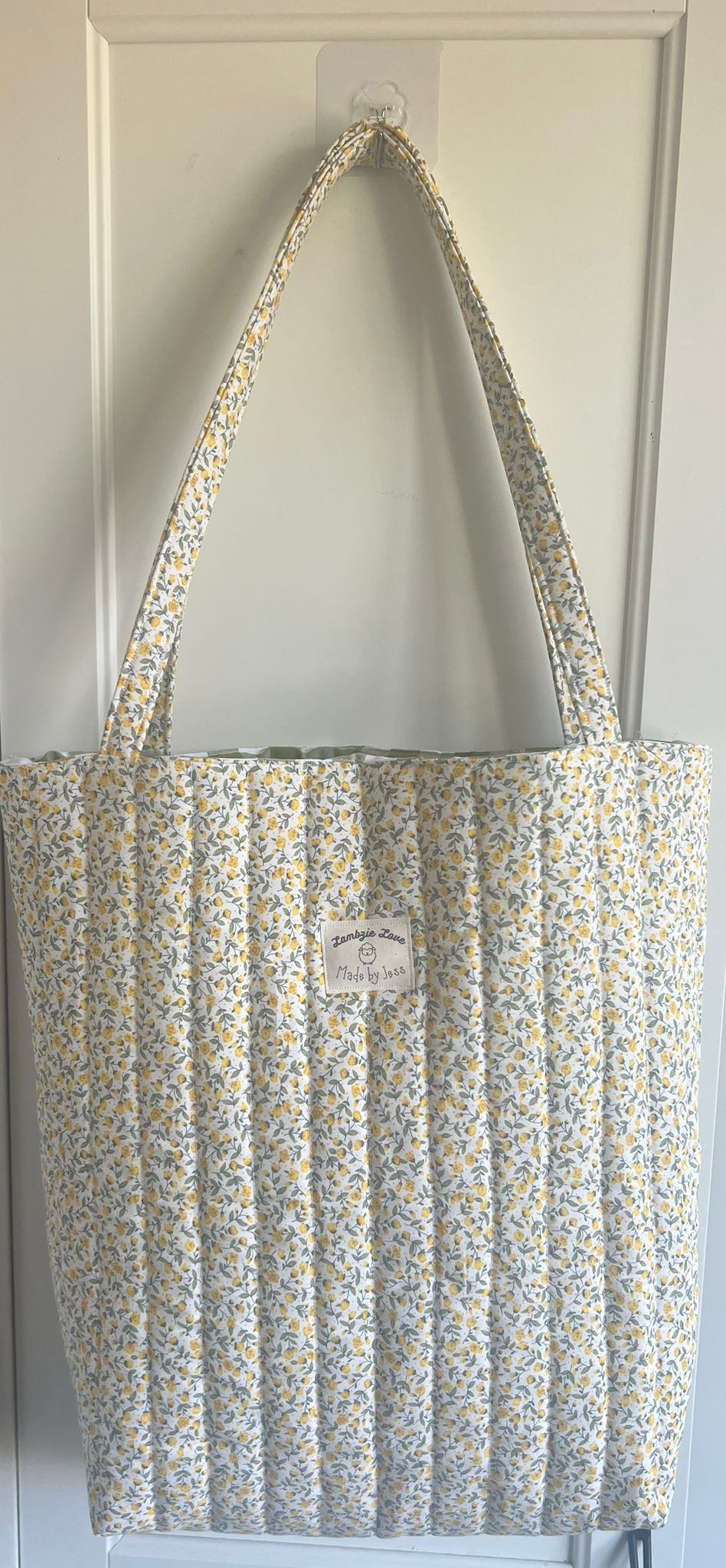 Handmade Tote bag lemon rosebud, apple green gingham lining