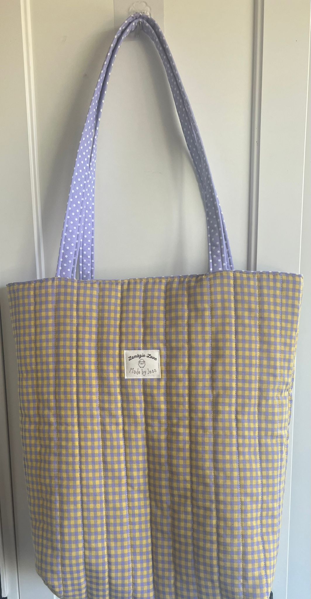 Handmade Tote bag soft apricot and lilac check, lilac dot lining