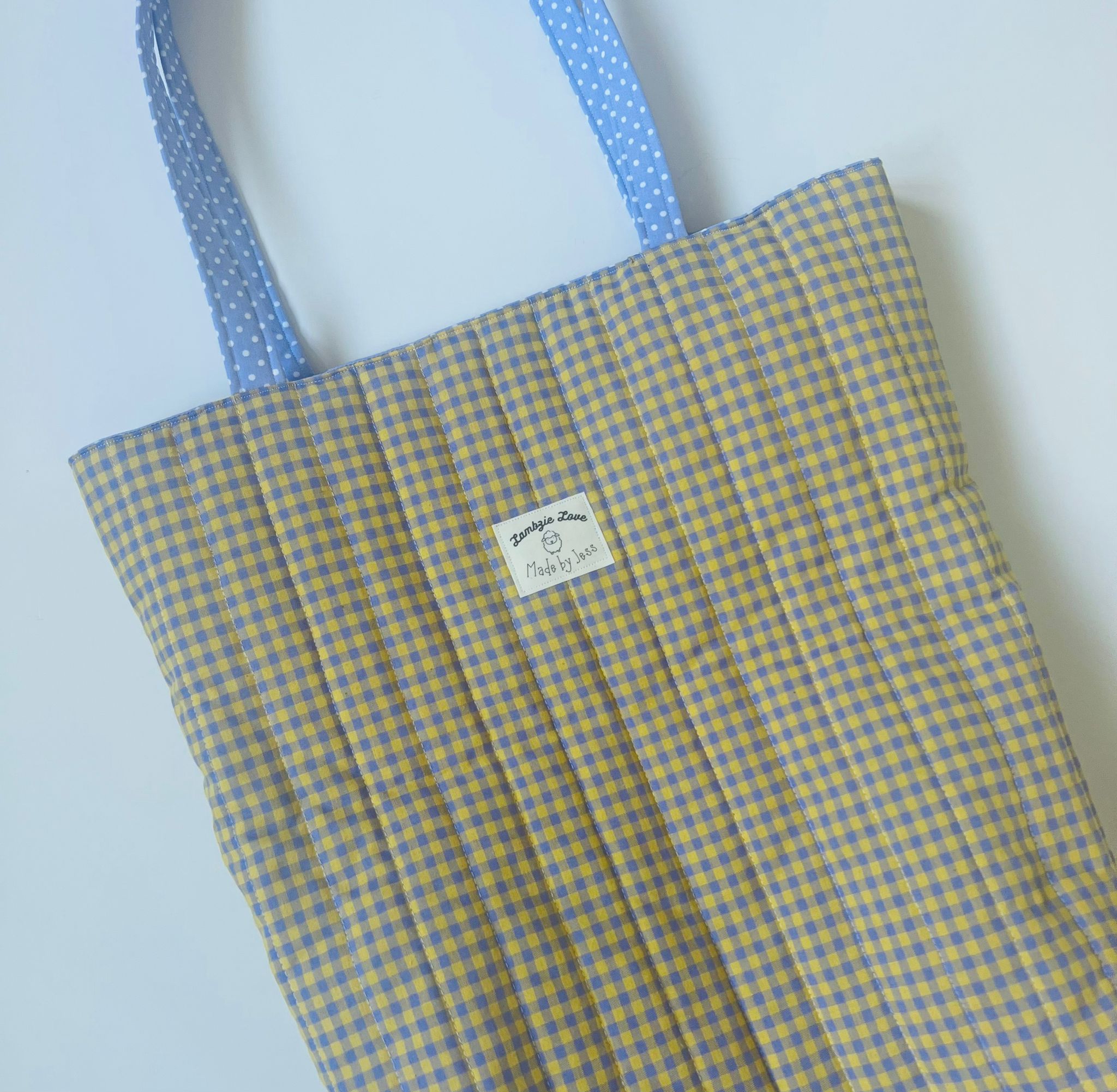 Handmade Tote bag soft apricot and lilac check, lilac dot lining