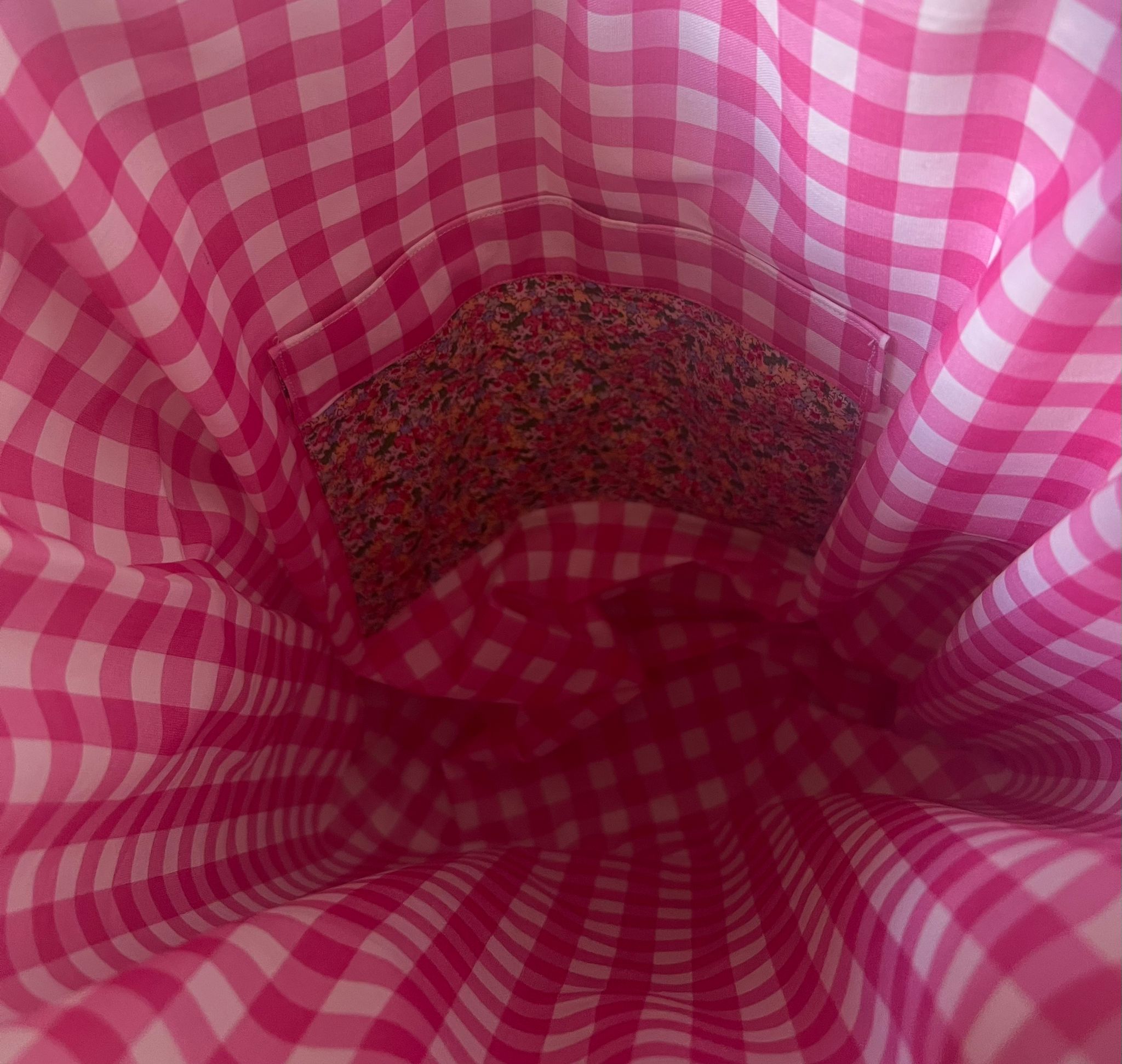 Handmade Tote bag Ditsy floral, bright pink gingham lining