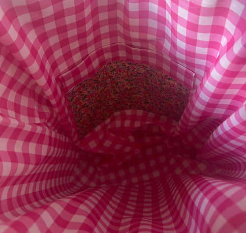 Handmade Tote bag Ditsy floral, bright pink gingham lining