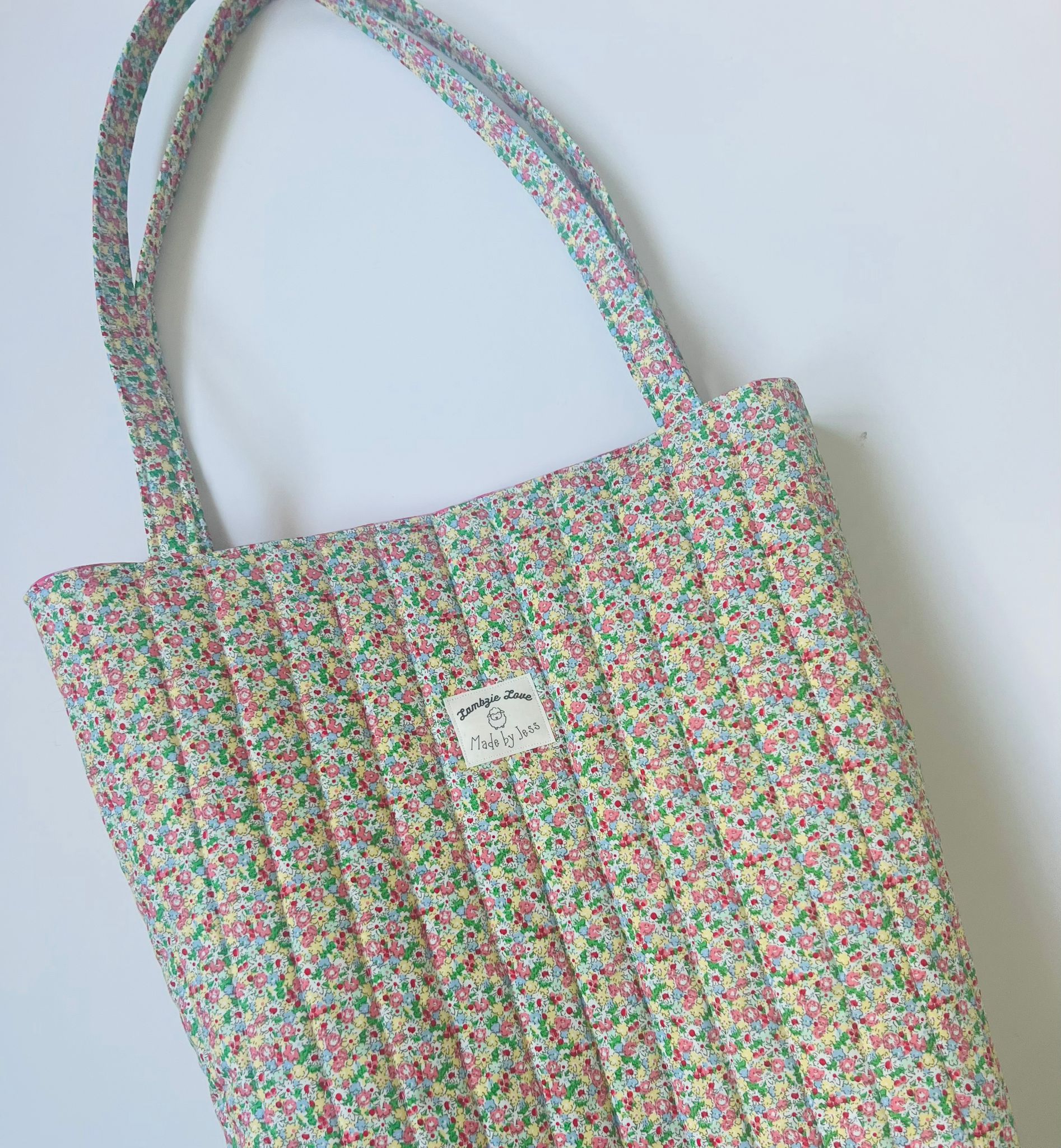 Handmade Tote bag Ditsy floral, bright pink gingham lining