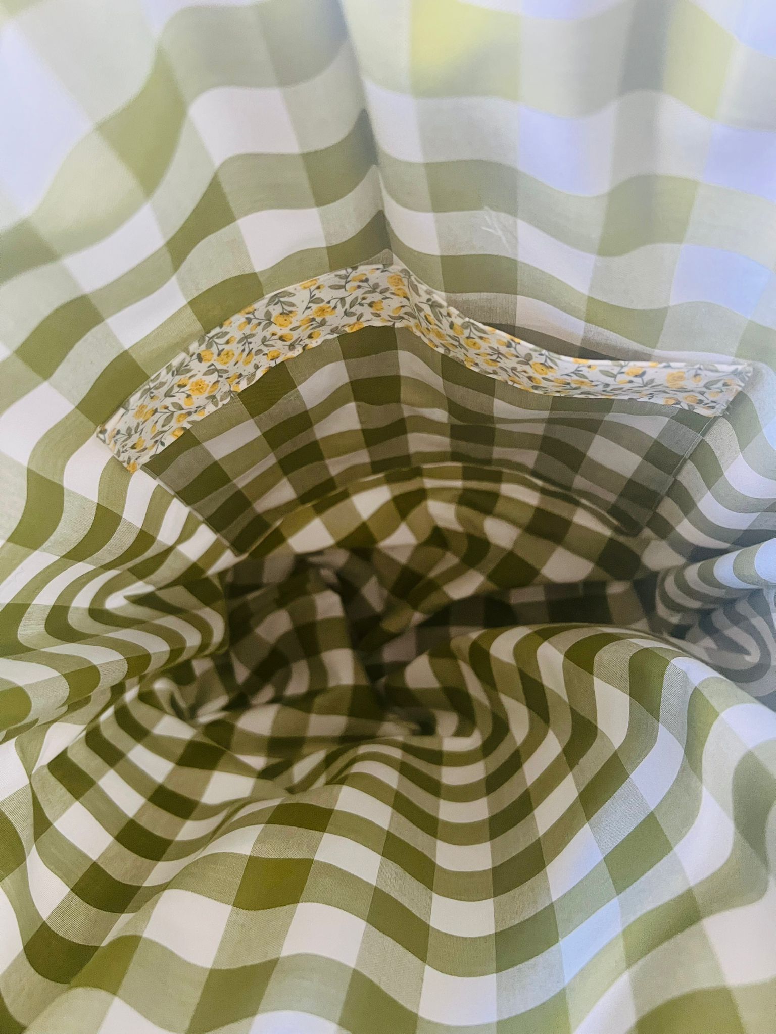 Handmade Tote bag lemon rosebud, apple green gingham lining