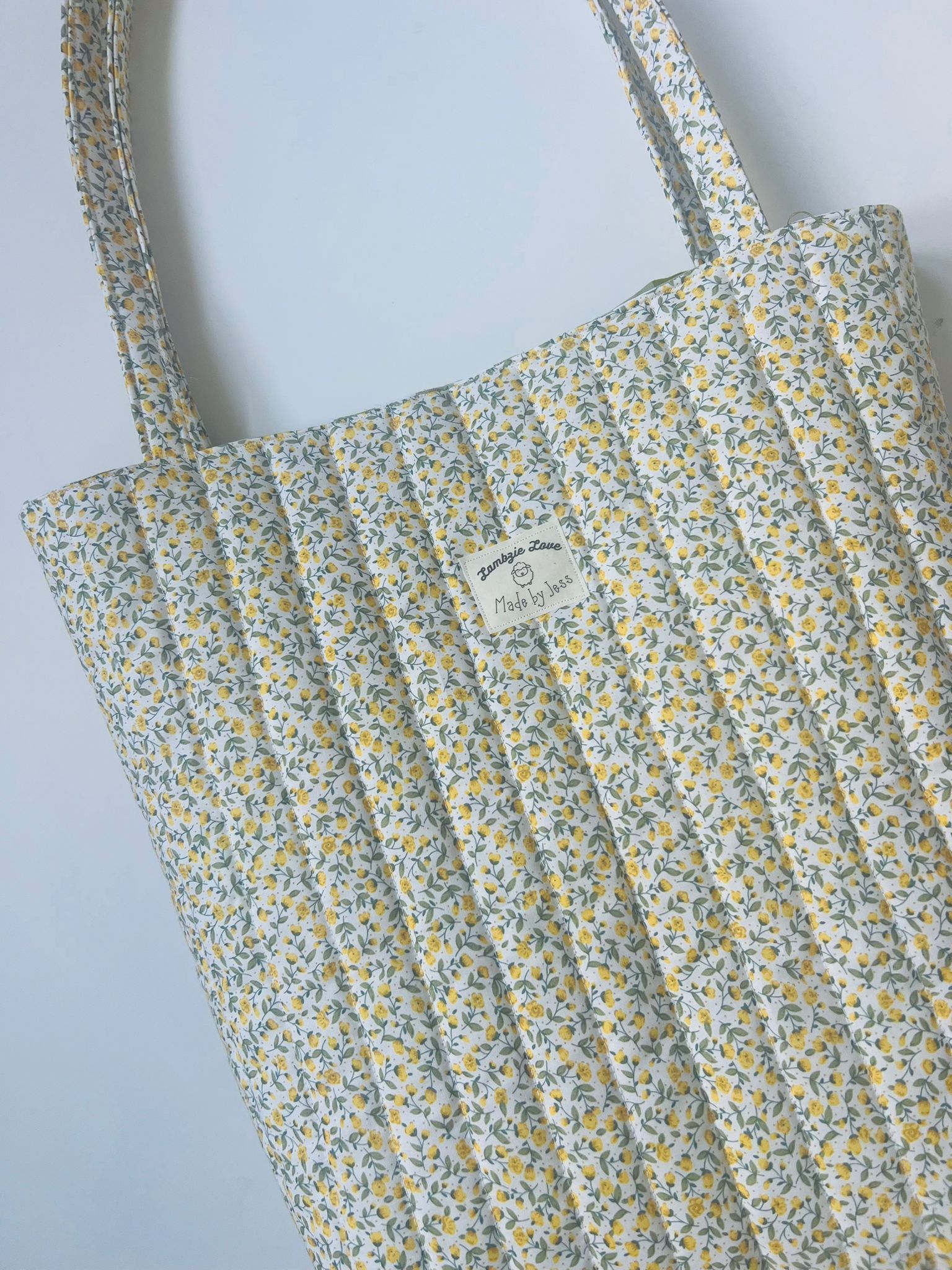 Handmade Tote bag lemon rosebud, apple green gingham lining