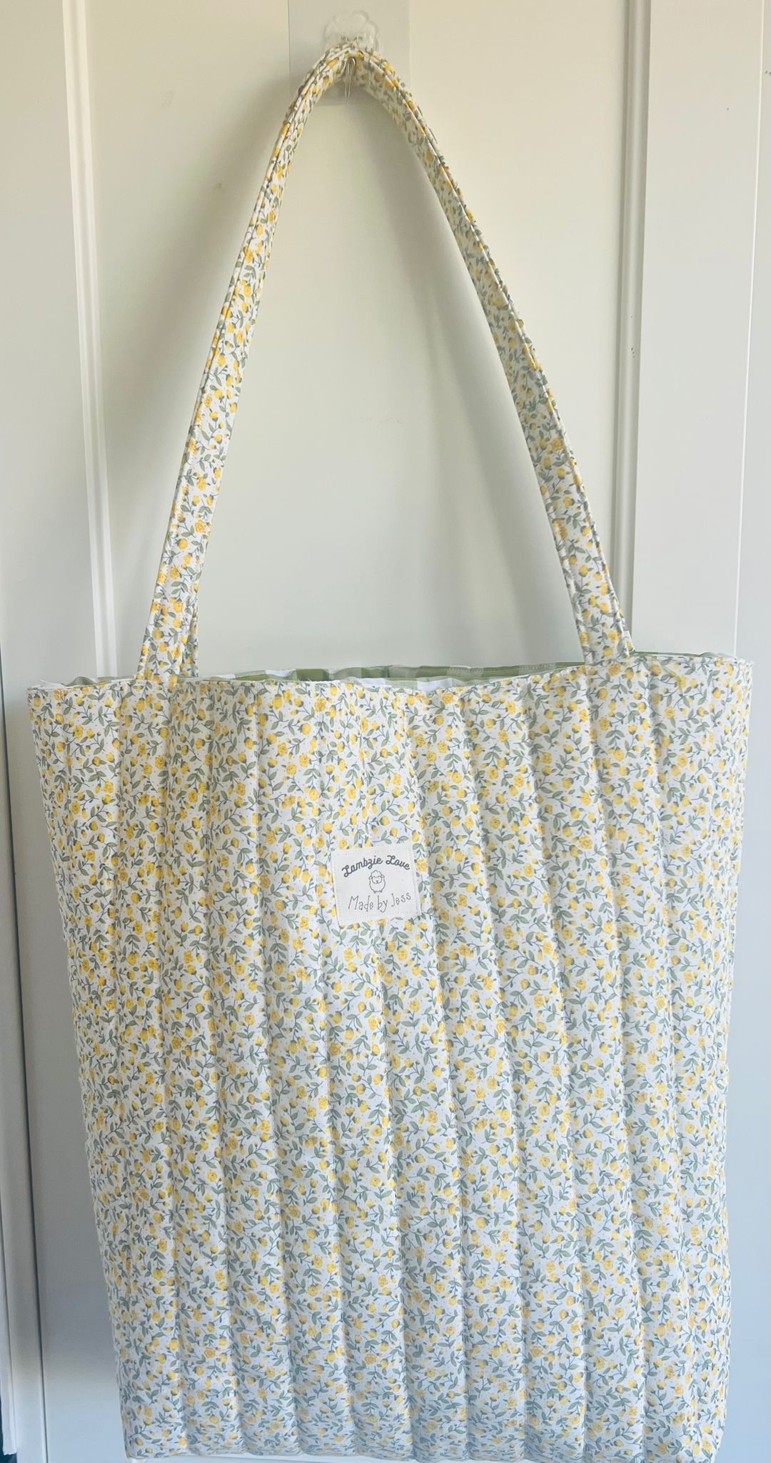 Handmade Tote bag lemon rosebud, apple green gingham lining